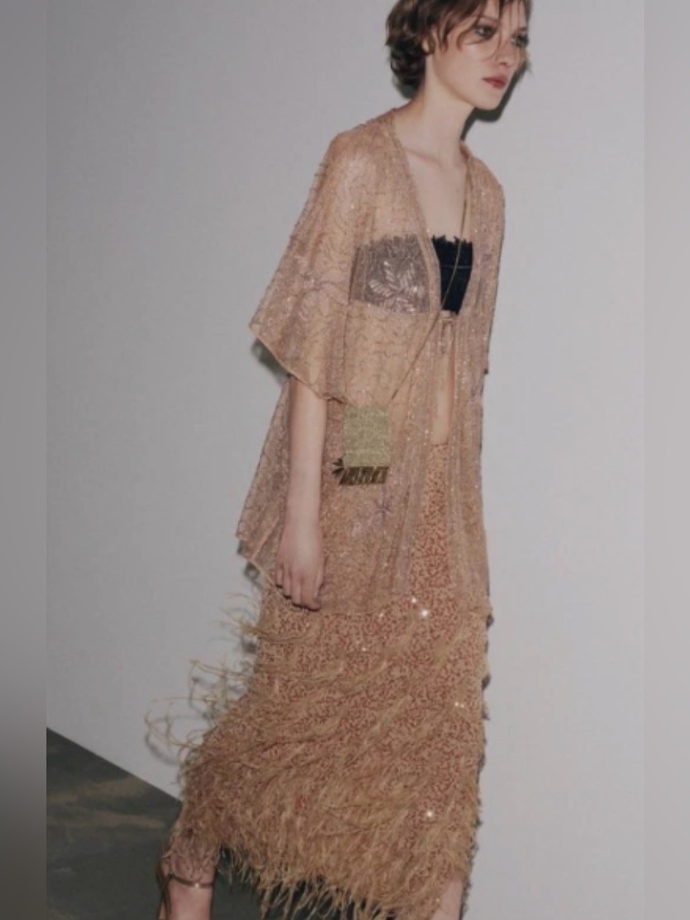 Zara Sequin Beaded Embroidered Kimono Blouse Kaftan Sheer Beige Pink Med - Large - Picture 6 of 16